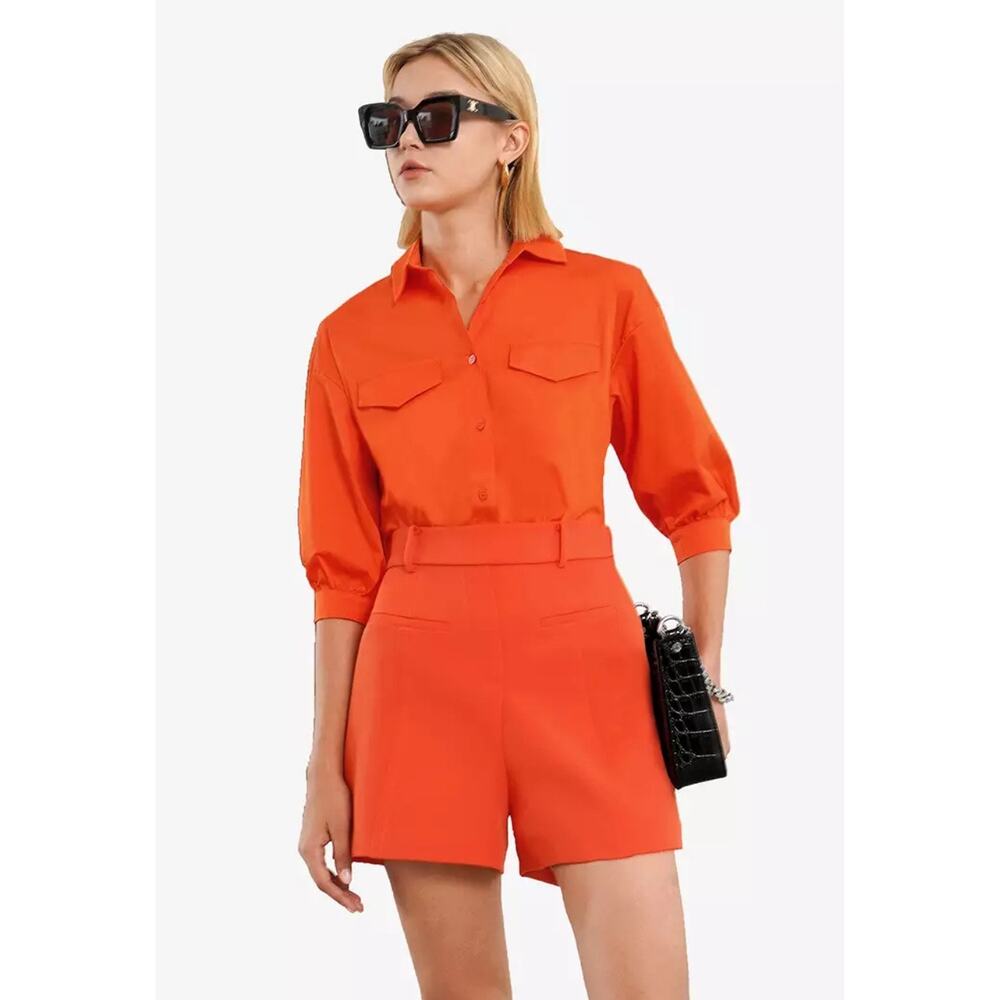 Orange Short-Sleeve Collared Romper